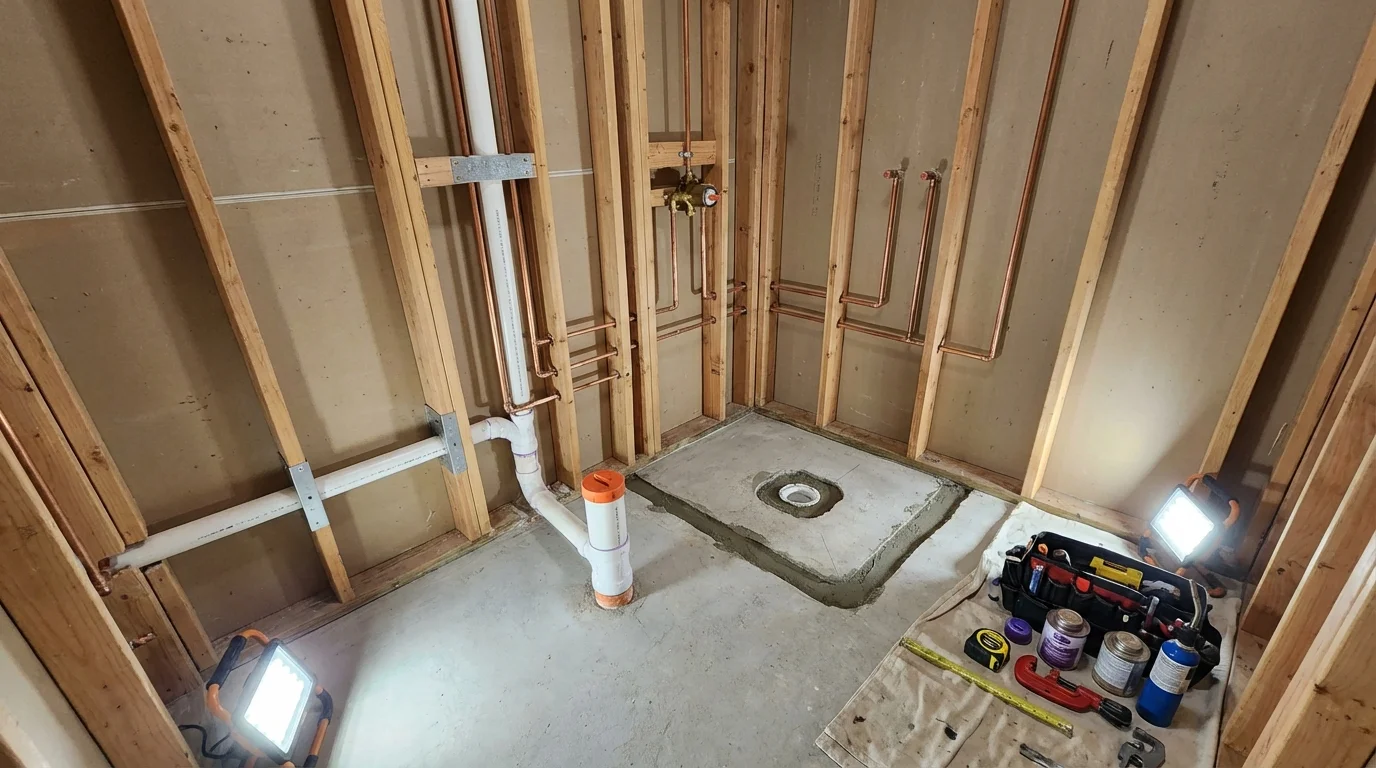 Bathroom rough-in plumbing during remodel by Johns Plumbing LLC in Mammoth Lakes