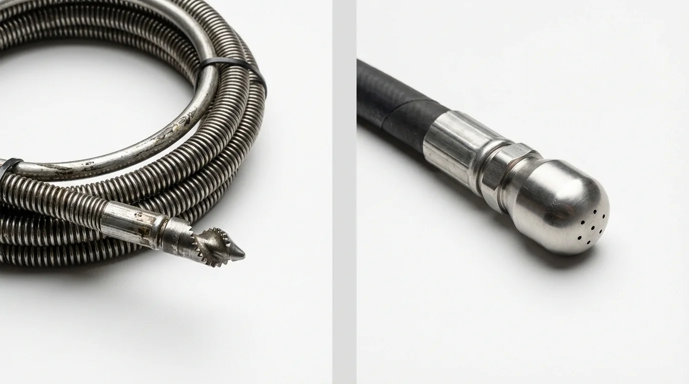 Drain snake cable and hydro jetting nozzle used for drain cleaning in Mammoth Lakes, CA