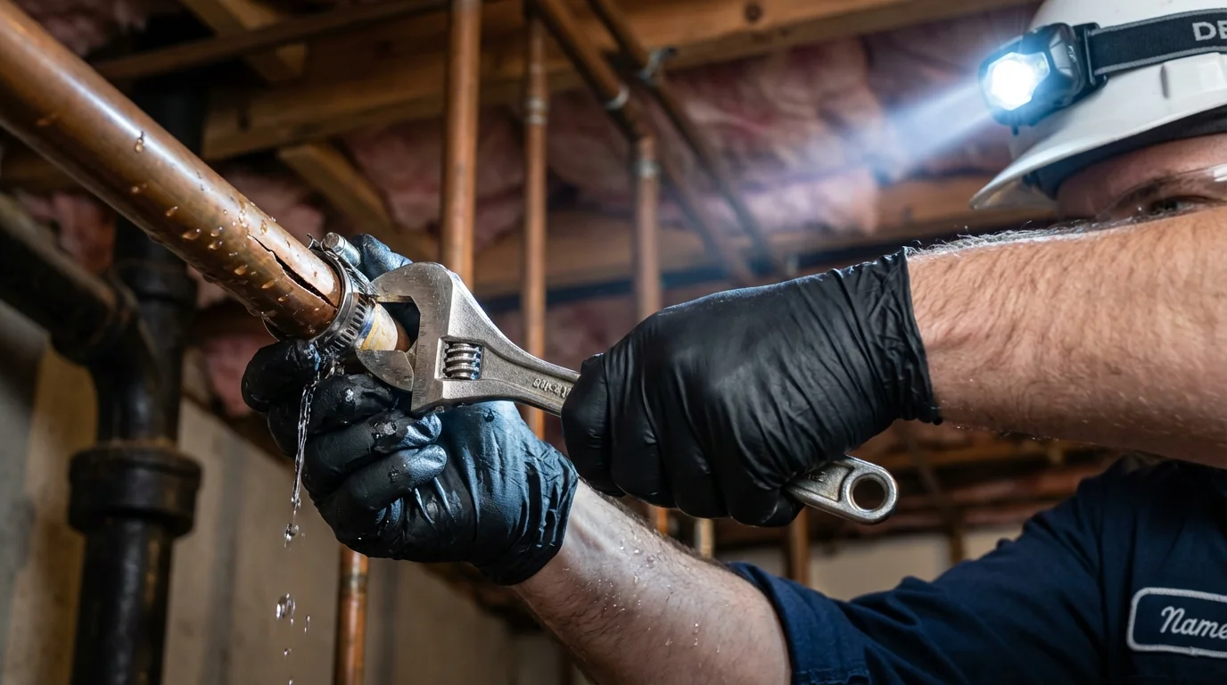 Emergency pipe clamp repair being performed by a Johns Plumbing LLC plumber in Mammoth Lakes
