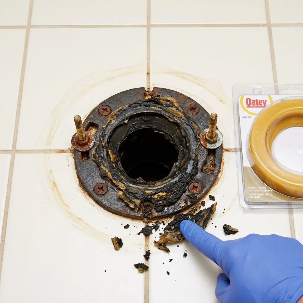 Failed wax ring showing water seepage at the base of a toilet in a Mammoth Lakes, CA home