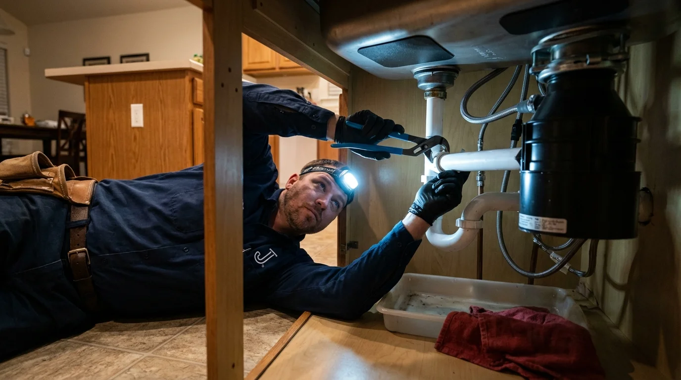 P-trap and supply line connections under a kitchen sink showing a common leak point in Mammoth Lakes, CA